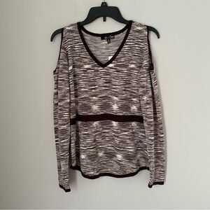 All At Once Women’s V Neck Long Sleeve Cut Out Shoulder Heather Brown Blouse M